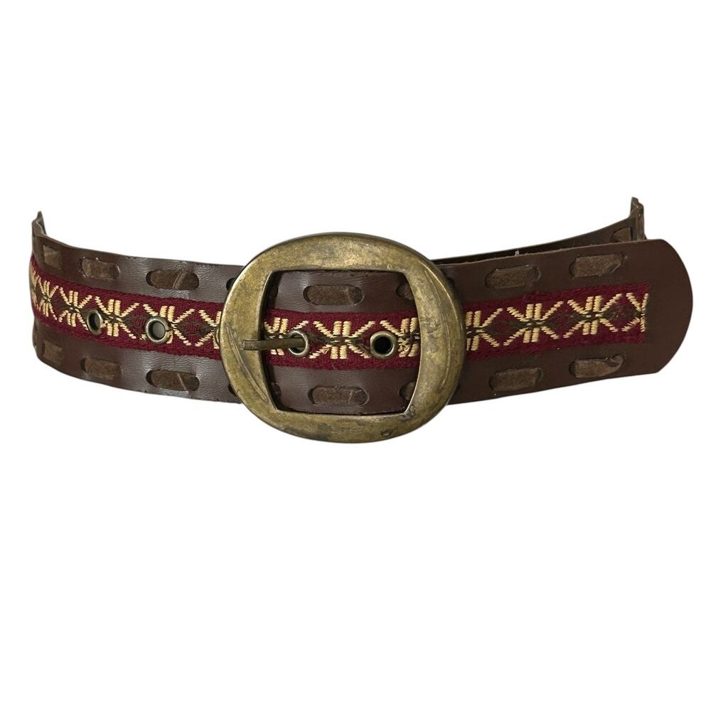 Vintage Boho Vegan Leather Woven Embroidered Belt  S